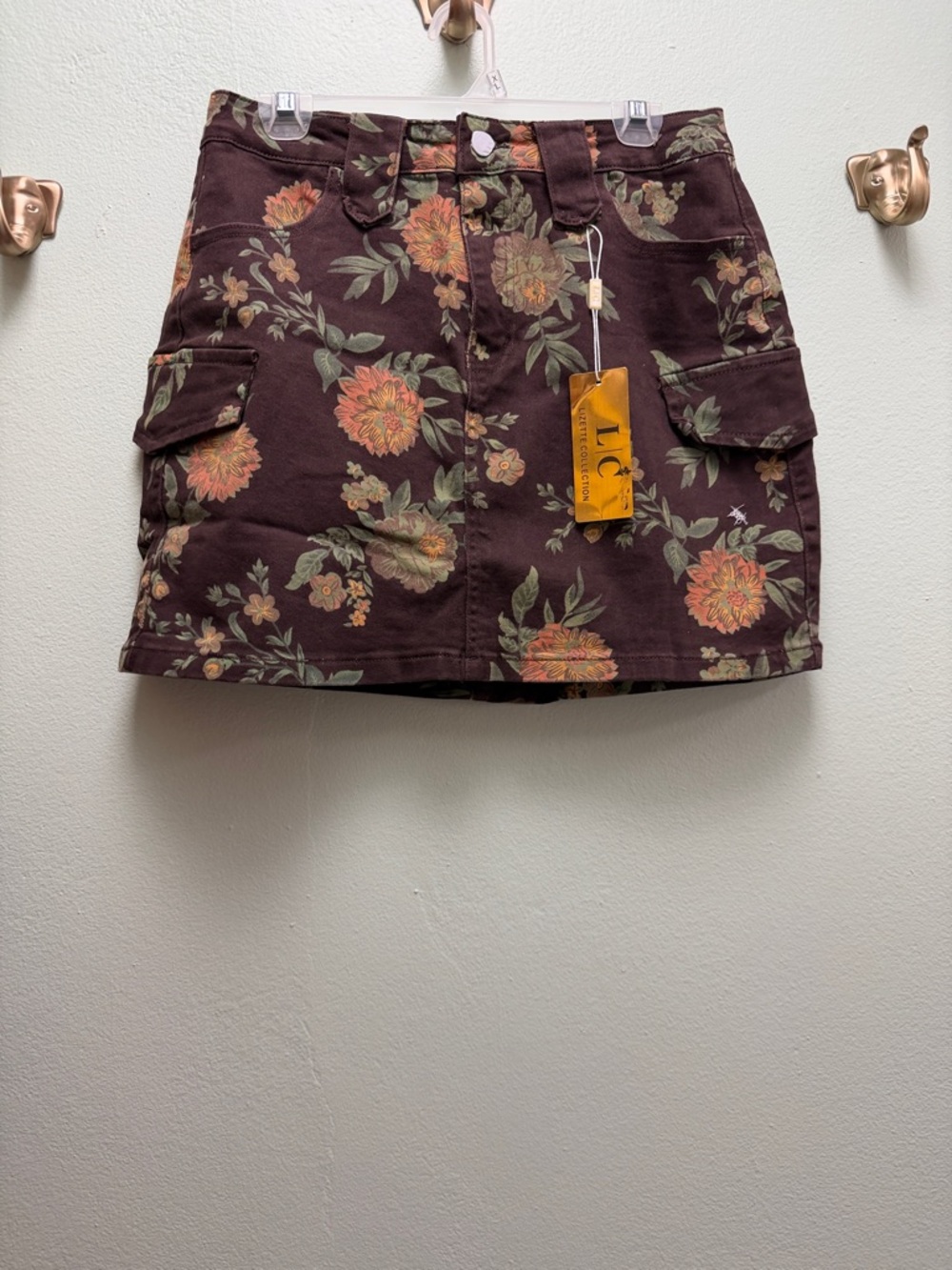Floral Cargo Pocket Mini Skort- Brown with Muted Orange & Green